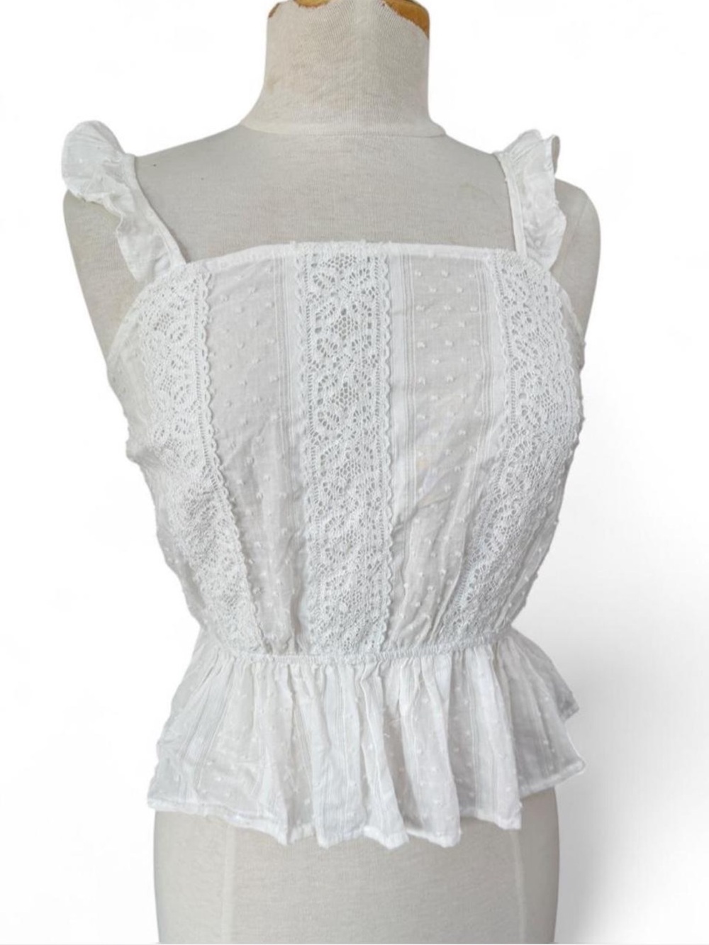 Sweet Wanderer White Swiss Dot Lace Peplum Tank Top Size M